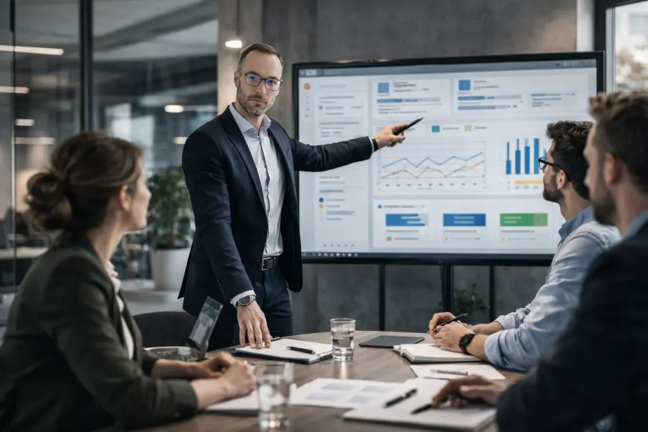 Team diskutiert an Post-It Wand