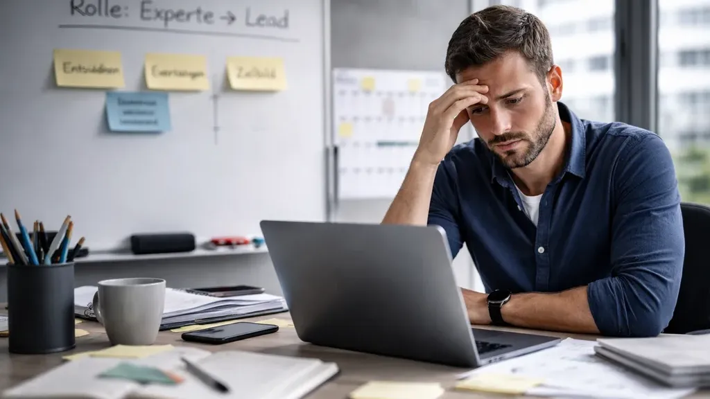 Grafik: Ein Entwickler, der zwischen Code-Editor und Management-Aufgaben steht