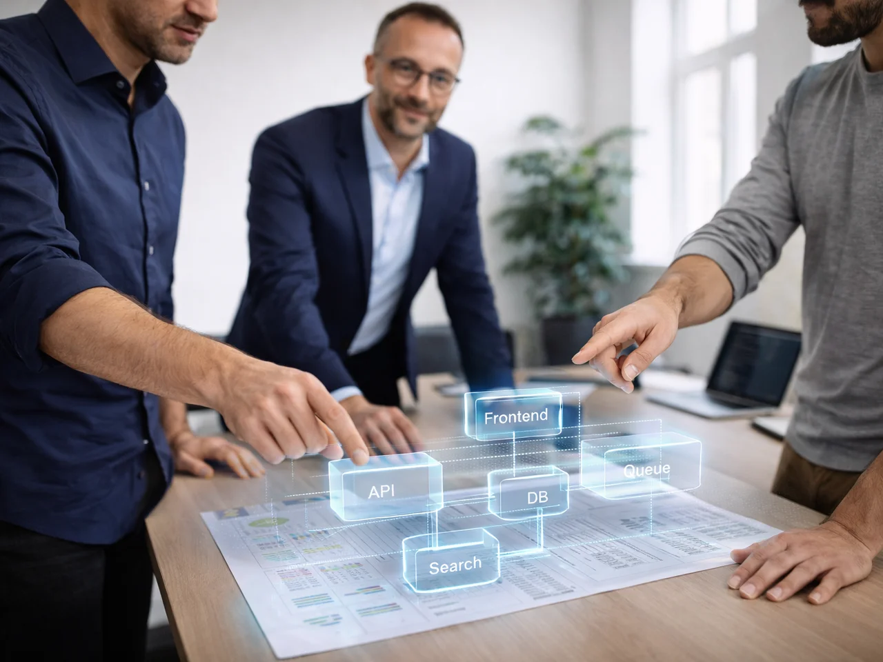 Gruppe von Führungskräften und Entwicklern, die gemeinsam um einen Tisch mit LEGO-Steinen stehen und lächeln