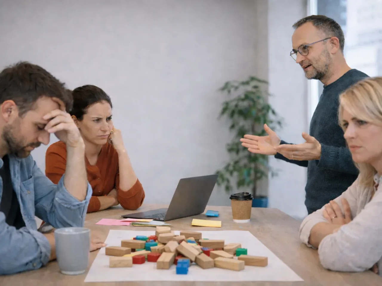 Gruppe von Führungskräften und Entwicklern, die gemeinsam um einen Tisch mit LEGO-Steinen stehen und lächeln