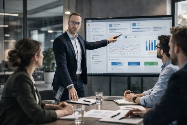 Team diskutiert an Post-It Wand