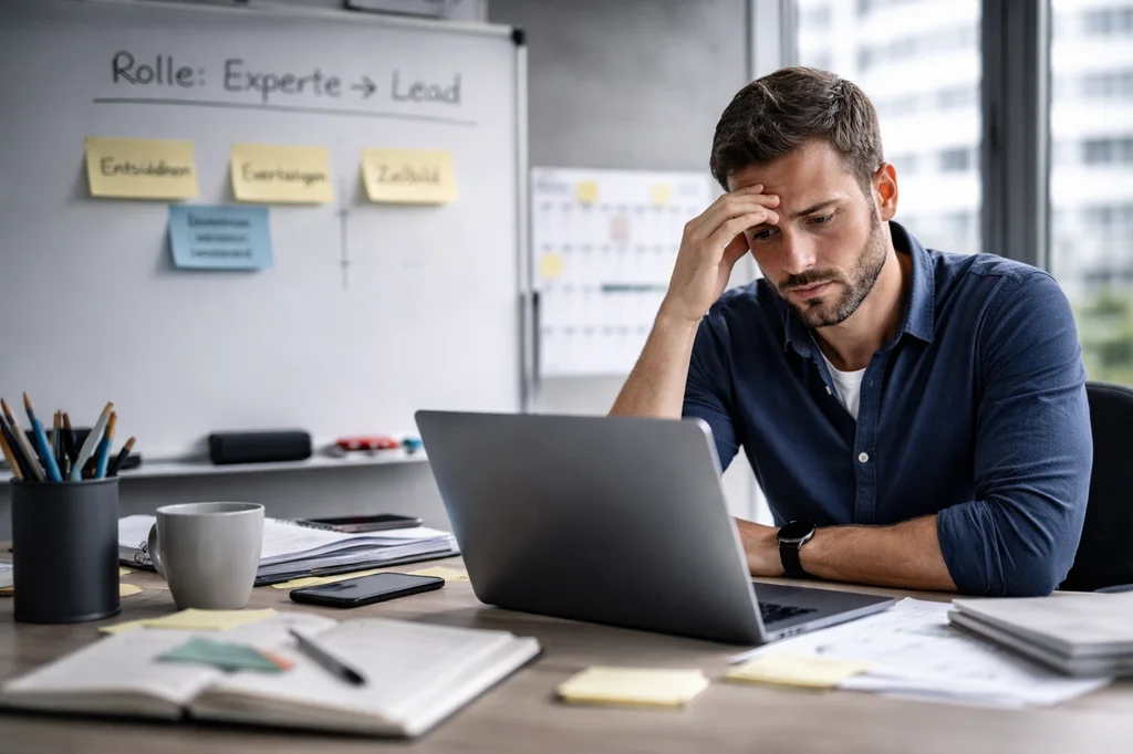 Grafik: Ein Entwickler, der zwischen Code-Editor und Management-Aufgaben steht